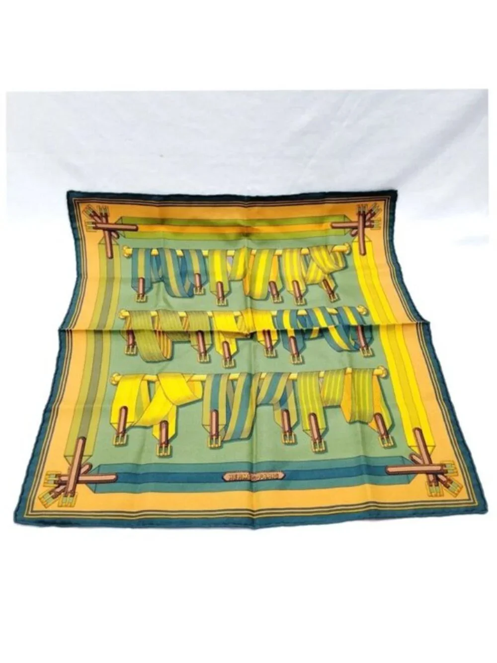 Authentic Hermès Les Sangles Carré 90 Silk Scarf Yellow Green